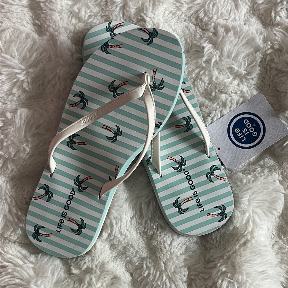 Life Is Good Mint & White Palm Stripe Flip Flops